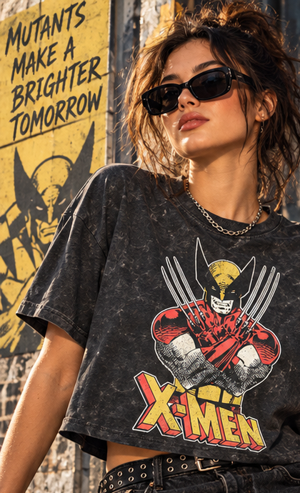 AI-generated styling image of a model wearing the Vintage Wolverine Mineral Wash Crop Top