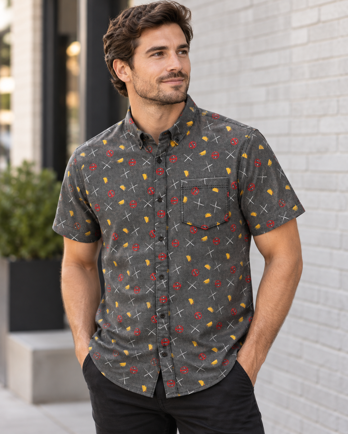 AI-generated styling image of a model wearing the Deadpool Taco Icons Button-Up Shirt