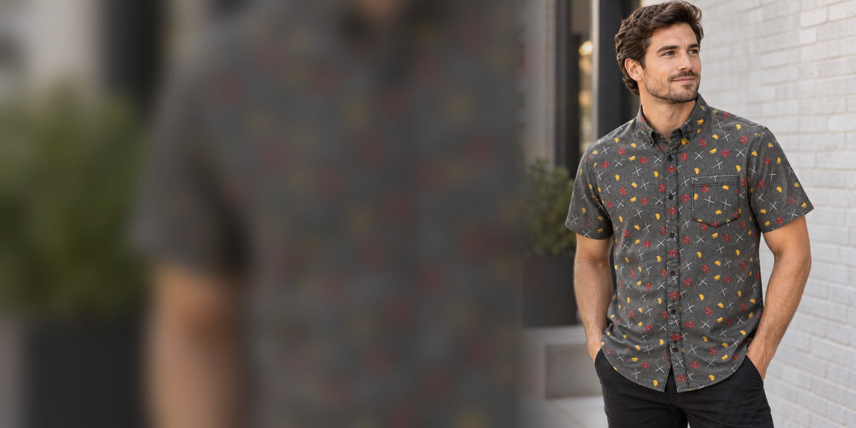 Hero Closet lifestyle image featuring the Deadpool Taco Icons Button-Up Shirt