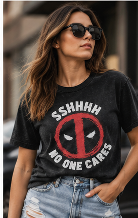 AI-generated styling image of a model wearing the black Deadpool No One Cares Graphic Tee