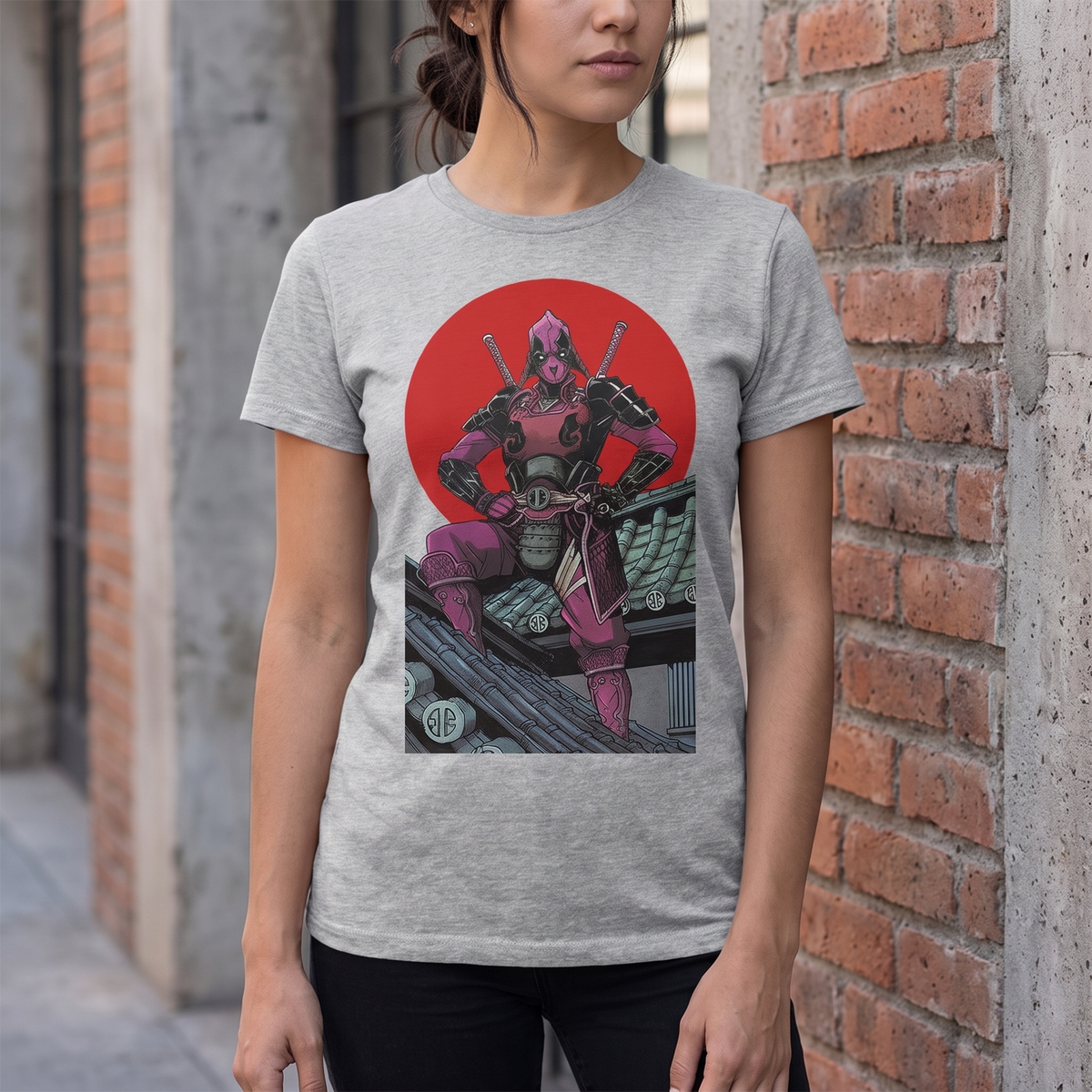 AI-generated styling image of a model wearing the Women's Deadpool Samurai Sun Tee