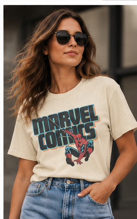 AI-generated styling image of a model wearing the Retro Marvel Comics Spider-Man Tee
