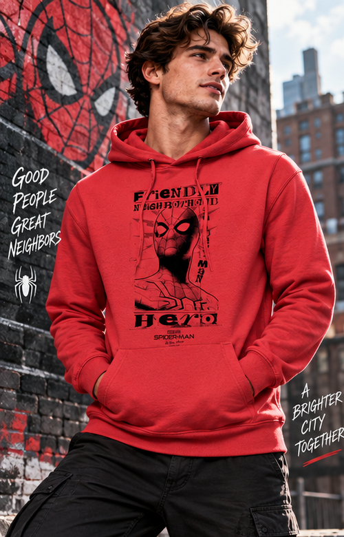 AI-generated styling image of a model wearing the red Spider-Man Friendly Neighborhood Lightweight Hoodie