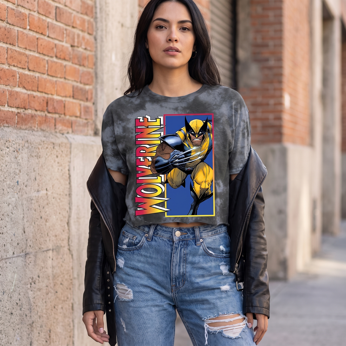 AI-generated styling image of a model wearing the Classic Wolverine Bombard Tie-Dye Crop Tee