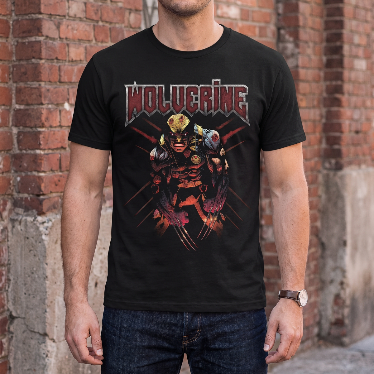AI-generated styling image of a model wearing the Wolverine Scratch Graphic Tee